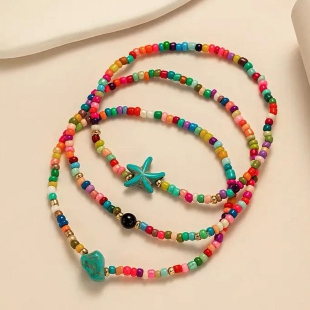 🐚 NEW Colorful Stretchy Beaded Anklet Set of 3 with Seashells for Beachwear
